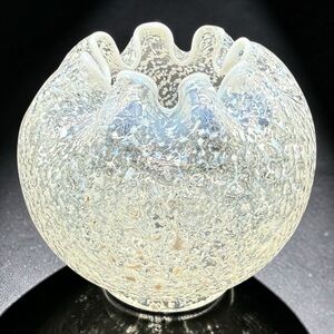 Dugan Frit Art Glass 4 in. Rosebowl Vase Clear Opalescent Aqua Blue White Frit